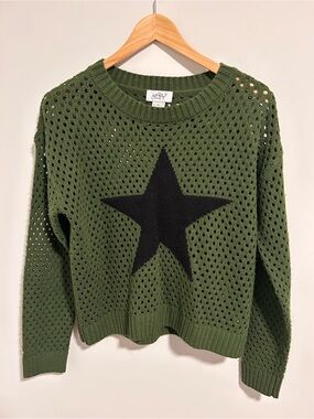 Just Polly New York Olive Green Open Knit Star Sweater Size Small